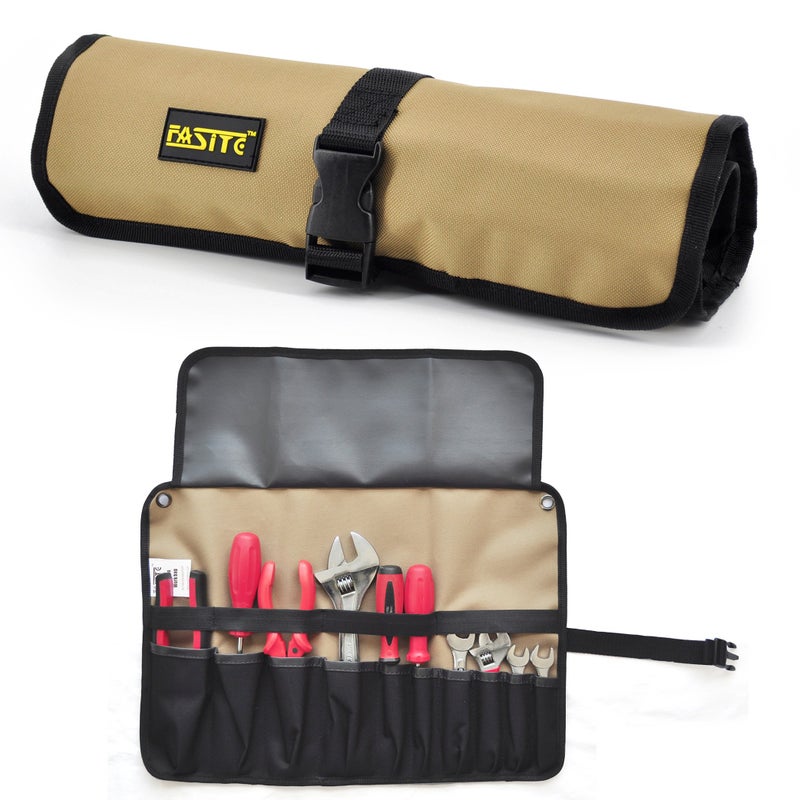 FASITE Roll Tool Pouch Rolling Tool Hanging Bag Multi Pockets Organizer PTN055, Dark Yellow - Image 1